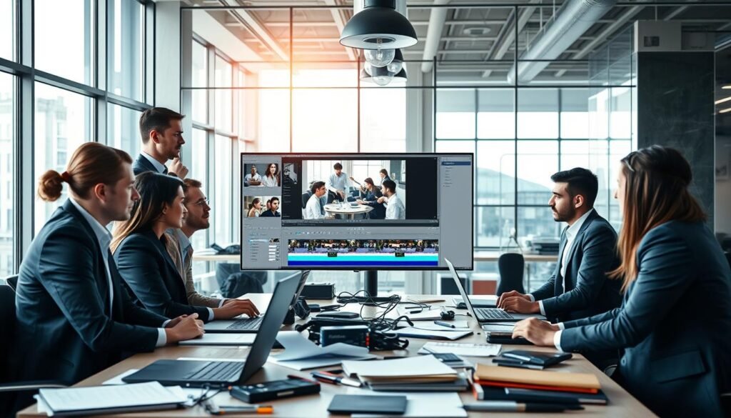 A visually engaging representation of "video marketing mistakes," featuring a professional business setting. In the foreground, a diverse group of business professionals, dressed in smart business attire, are gathered around a cluttered table with laptops and notepads, looking frustrated and confused. In the middle ground, a large monitor displays a chaotic video editing interface with glaring errors illustrated, like pixelated footage and misaligned text. In the background, a modern office environment with large windows allowing natural light to flood the room, creating a bright yet tense atmosphere. The scene conveys a sense of urgency and the importance of avoiding video marketing pitfalls, captured with a wide-angle lens for depth and clarity.