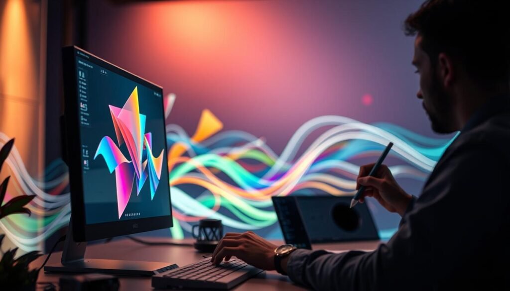 A visually engaging scene depicting motion design principles in action. In the foreground, a sleek computer workstation with a designer focusing intently on their screen, sketching out dynamic shapes and vibrant colors. In the middle ground, layers of colorful geometric shapes and lines swirl and intertwine, representing the concept of motion graphics. The background features abstract visual elements like waves and curves, signifying fluid animation. Soft, ambient lighting casts gentle highlights on the workspace, while a subtle glow emanates from the computer screen, creating a modern, creative atmosphere. The overall mood is inspiring and energetic, reflecting the exciting world of motion design and its distinctions from motion graphics and traditional animation.