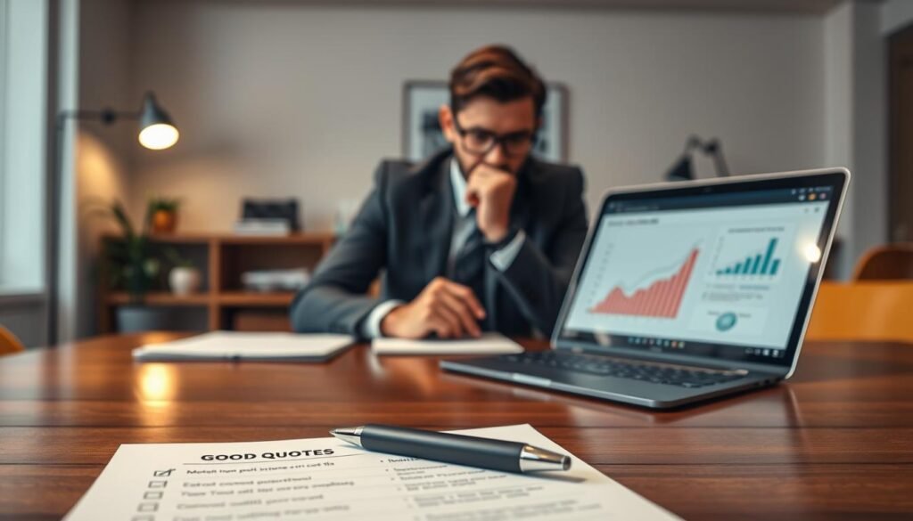 A visually striking checklist showcasing a "good quote" related to motion graphics costs displayed on an elegant wooden desk. In the foreground, a neatly organized checklist with bullet points is on a high-quality notepad, accompanied by a sleek pen and a laptop showing graphs and figures relevant to business expenses. The middle layer captures a focused business professional in smart attire, intently analyzing the checklist. They are seated, with a thoughtful expression, illuminating the importance of comparing quotes. In the background, soft ambient lighting enhances a modern office environment with minimalistic decor, conveying a professional yet inviting atmosphere. The scene emphasizes clarity, organization, and the essence of informed decision-making in business costs.