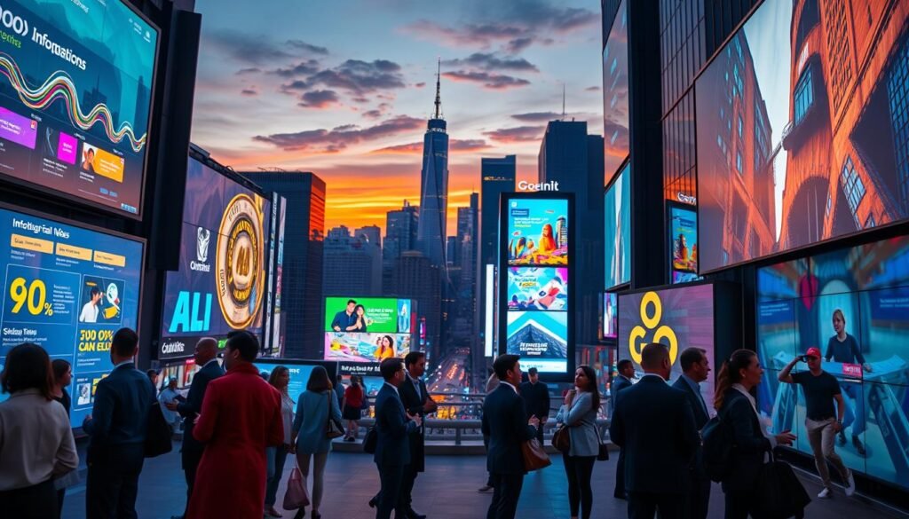 A visually striking composition showcasing various motion graphics examples in a modern urban setting. In the foreground, a diverse group of professionals—dressed in business attire—interacts with digital screens displaying vibrant animated infographics and promotional videos. The middle layer features a dynamic cityscape with illuminated billboards featuring colorful motion graphics, seamlessly blending technology and creativity. In the background, a twilight sky casts a warm glow over the city, contrasting with the cool blues and greens of the digital displays. Use soft, diffused lighting to create an inviting atmosphere, capturing the hustle and bustle of everyday life infused with motion graphics. The camera angle is slightly elevated, providing a comprehensive view of this engaging scene, emphasizing the integration of motion graphics in daily experiences. A visually striking composition showcasing various motion graphics examples in a modern urban setting. In the foreground, a diverse group of professionals—dressed in business attire—interacts with digital screens displaying vibrant animated infographics and promotional videos. The middle layer features a dynamic cityscape with illuminated billboards featuring colorful motion graphics, seamlessly blending technology and creativity. In the background, a twilight sky casts a warm glow over the city, contrasting with the cool blues and greens of the digital displays. Use soft, diffused lighting to create an inviting atmosphere, capturing the hustle and bustle of everyday life infused with motion graphics. The camera angle is slightly elevated, providing a comprehensive view of this engaging scene, emphasizing the integration of motion graphics in daily experiences.