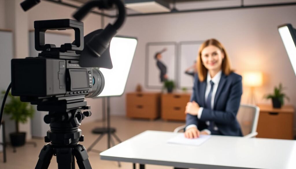 A well-lit studio scene demonstrating key light techniques for a clean, professional look. In the foreground, a sleek, modern video camera on a tripod is angled towards a neatly composed subject—a professional model in formal business attire sitting at a desk, exuding confidence and professionalism. The key light, a soft yet focused LED panel, is positioned at a 45-degree angle to the left, casting gentle shadows that enhance the subject's features. The middle ground reveals a tasteful backdrop, perhaps a blurred office environment with subtle decor. In the background, soft ambient light fills the workspace, creating a warm, inviting atmosphere. The overall mood conveys professionalism and clarity, ideal for showcasing effective lighting techniques.