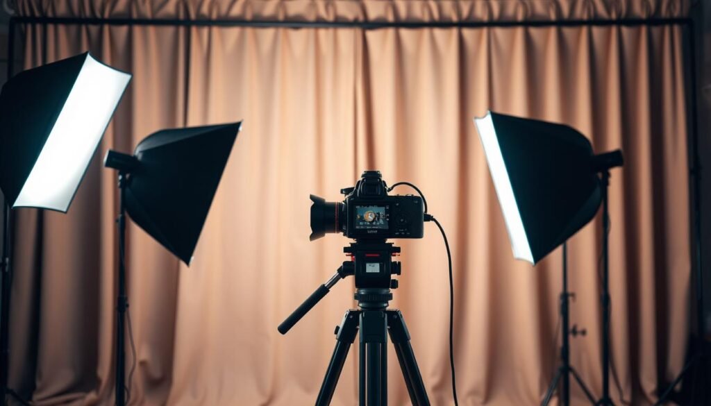 A well-organized professional lighting setup for video production in a studio environment. In the foreground, feature three softbox lights with adjustable brightness, casting soft, diffused light that enhances the clarity of the scene. In the middle ground, a high-quality camera on a tripod is positioned at eye level, capturing the entire setup with a shallow depth of field to emphasize the lights and their positioning. The background is styled with smooth, neutral-colored drapery that minimizes distractions, enhancing the mood of professionalism. The atmosphere conveys an inviting and creative space, with a warm color temperature to evoke a sense of comfort and clarity. The composition should reflect a well-balanced lighting arrangement ideal for elevating video quality.