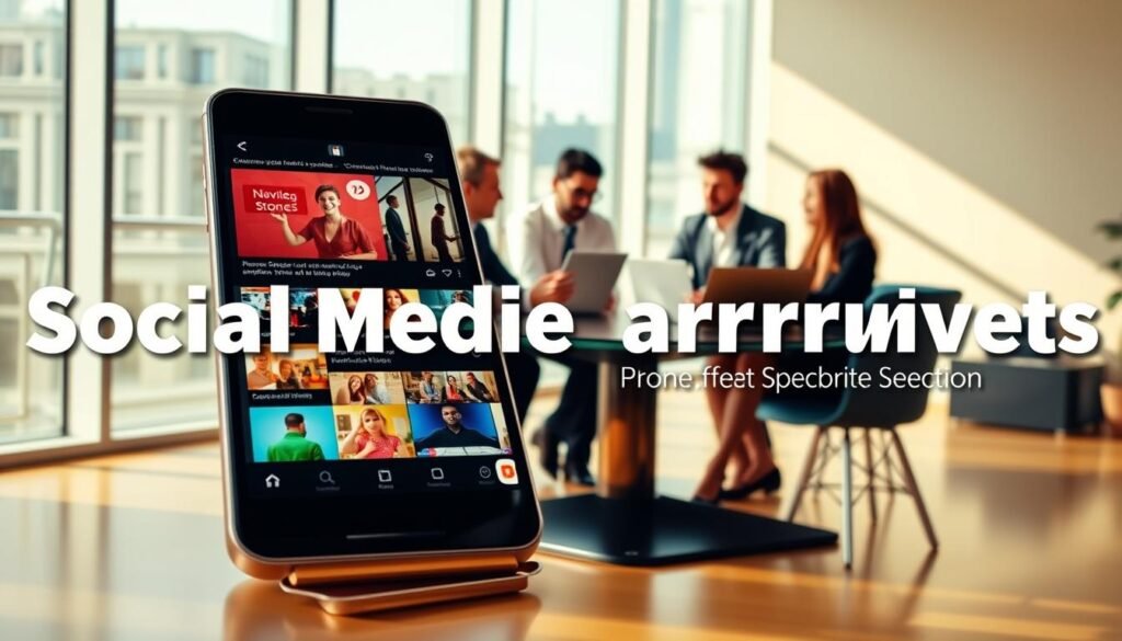 An artistic composition illustrating various social media video formats for businesses. In the foreground, a sleek modern smartphone displays a vibrant feed of video thumbnails showing different formats like reels, stories, and tutorials. The middle layer features a diverse group of professionals in business attire, engaged in discussion about video marketing strategies. They are seated around a glass table, with laptops and notepads, embodying collaboration and creativity. The background showcases a stylish office environment with large windows allowing natural light to stream in, casting soft shadows. The mood is dynamic and focused, conveying the energy of a brainstorming session on social media marketing. The color palette is bright and inviting, emphasizing innovation and professionalism.