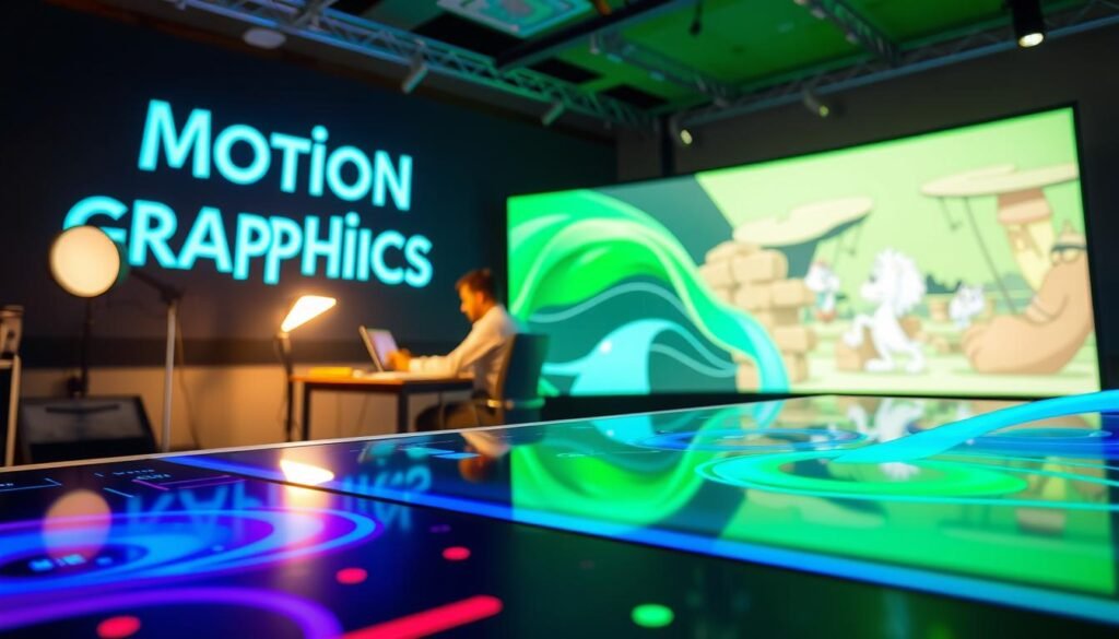 Create an image illustrating the concept of "Motion Graphics vs Animation." In the foreground, depict a sleek digital interface displaying vibrant motion graphics elements, such as animated text and flowing shapes in electric blue and bright green. In the middle ground, portray a traditional animator working at a desk, sketching characters and scenes with colored pencils, showcasing a blend of analog artistry. The background should feature a large screen displaying a flowing animated sequence, showcasing the dynamic differences between motion graphics and traditional animation techniques. Use bright studio lighting to highlight the colorful elements, creating a modern and engaging atmosphere. The perspective should be slightly angled to convey depth, emphasizing the contrast between the fast-paced digital world of motion graphics and the detailed craftsmanship of animation. Ensure the scene is professional, without any text, distractions, or human subjects in casual attire.